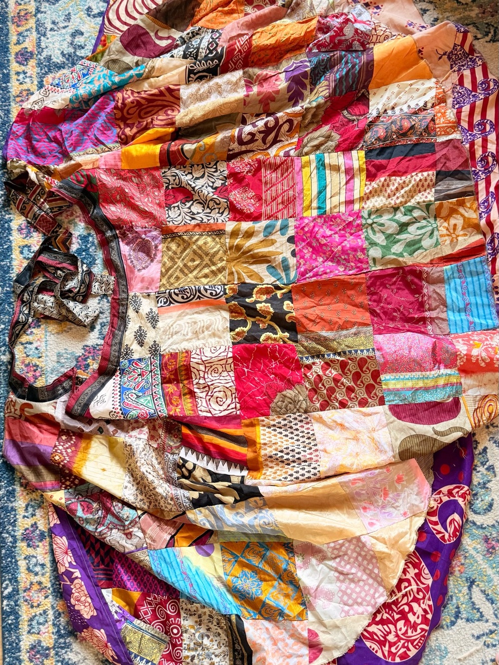100%silk Bohemian Patchwork Quilt reversible wrap skirt - Multicolor
